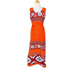 Vintage Holo-Holo Hawaiian Tribal Barkcloth Maxi Dress Neon Orange 60s 70s Retro